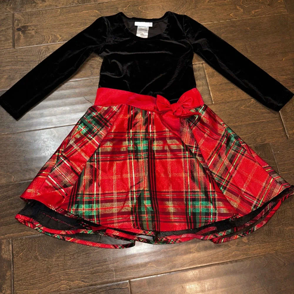 Bonnie Jean Velvet and Crinoline Plaid Long Sleeve Dress Girls Size 6